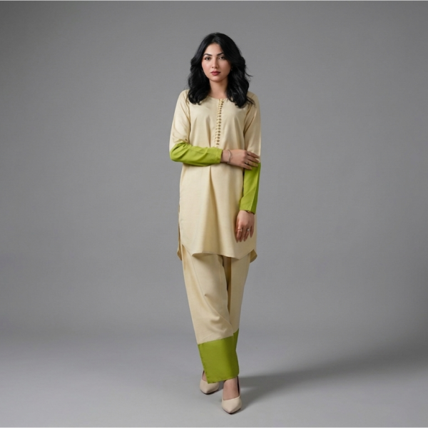 Beige Kurta Set with Lime Green Contrast Cuffs