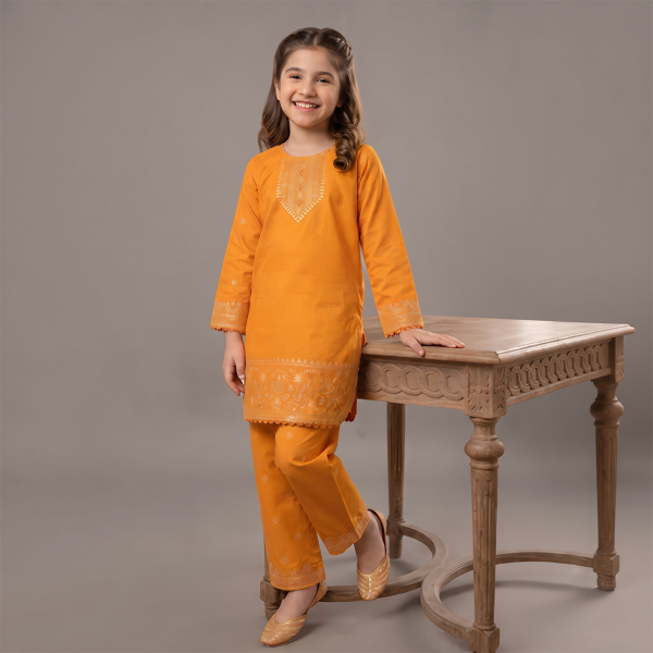 Mustard Orange Embroidered Girls’ 2-Piece Suit