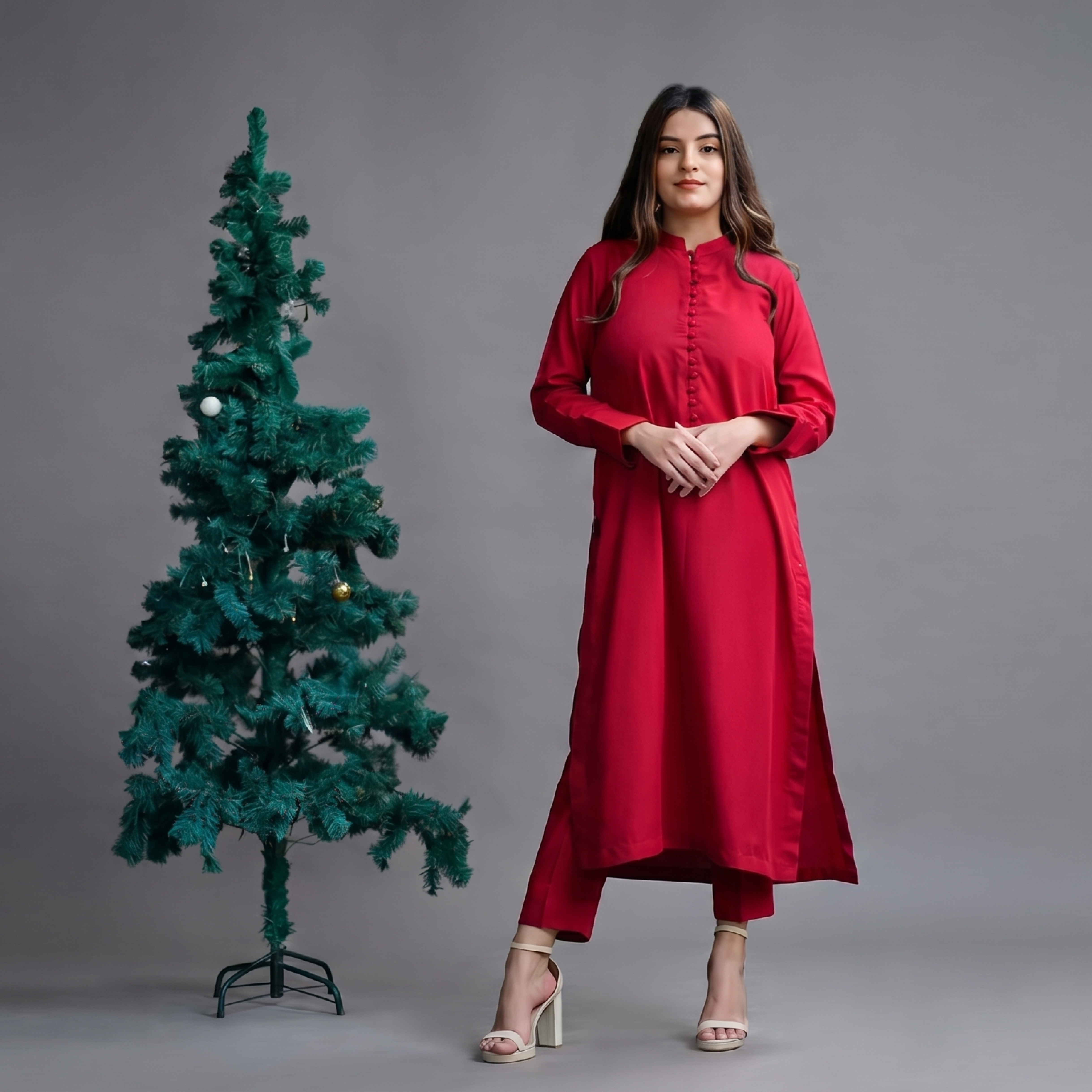 Women's Solid Red Traditional Kurta and Trouser Set