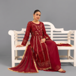 Manahil Embroidered Maroon 3-Piece Festive Organza Sharara Set