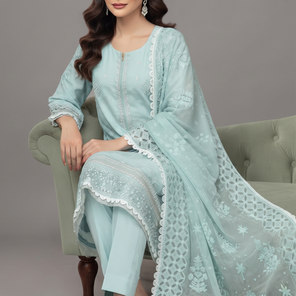 Sky Blossom Embroidered Luxury 3-Piece Suit