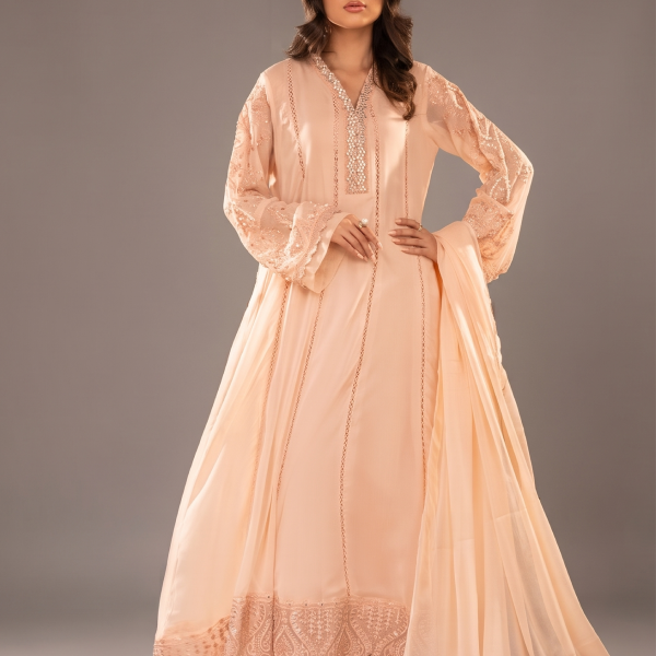 Peach Blossom Embroidered Anarkali 3-Piece Suit