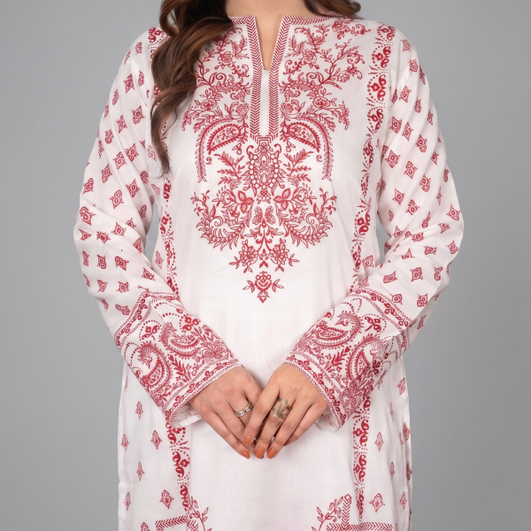 Women’s Off-White Printed Kurta with Pink Border Details and Organza Dupatta