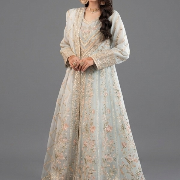 Mint Green Minimalist Floral Embroidered Organza Anarkali Set