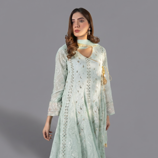 Embellished Mint Green Angrakha Anarkali Set