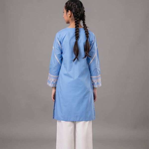 Blue Embroidered Lawn Kurta with White Trousers