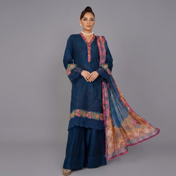Deep Blue Floral Embroidered Lawn Coordinate Set