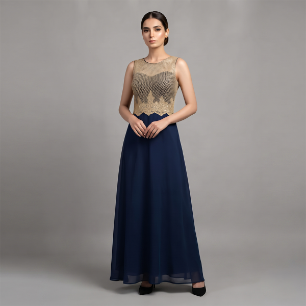Midnight Navy & Gold Embellished Maxi Suit