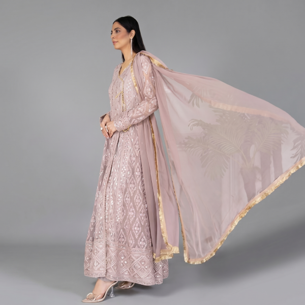 Elegant Mauve Embellished Anarkali Suit Set – 3-Piece Festive