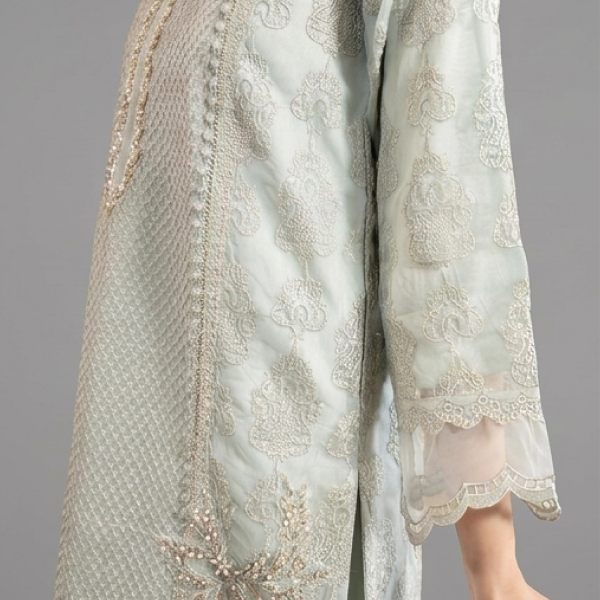Seafoam Green Minimalist Embroidered Organza Co-ord Set