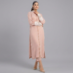 Soft Blush Rose Long Tunic with Lace Accents and Potli Buttons