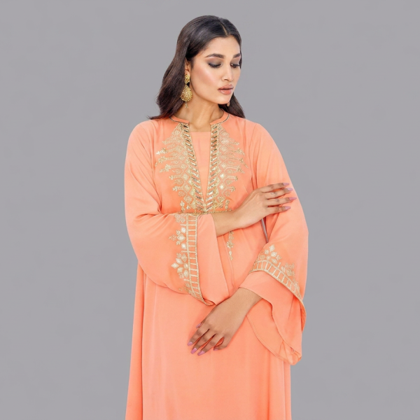 Radiant Peach Layered Kurta Set with Gold Tilla Neckline