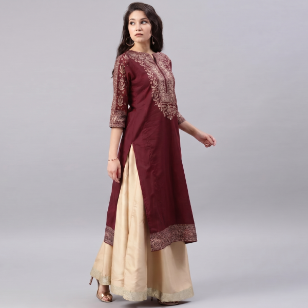 Maroon and Gold Embroidered Kurta Lehenga Set