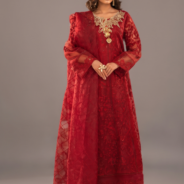 Crimson Royale Embroidered Luxury Suit with Organza Dupatta