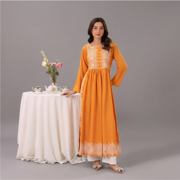 Vibrant Mustard Yellow Anarkali Tunic with Intricate White Prints