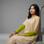 Beige Kurta Set with Lime Green Contrast Cuffs