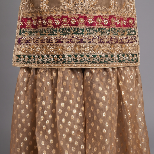 Golden Mocha Embroidered Luxury 3-Piece Gharara Suit
