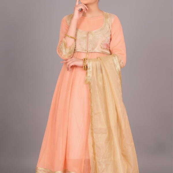 Peach Blossom Embellished Kids 3-Piece Anarkali Suit