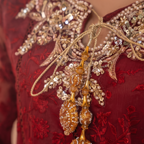 Crimson Royale Embroidered Luxury Suit with Organza Dupatta