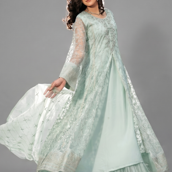 Mint Green Minimalist Embroidered Organza Co-ord Set