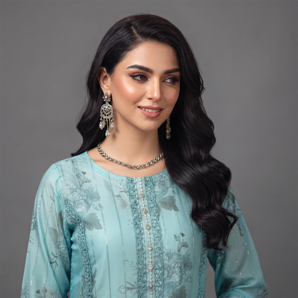 Aqua Blue Floral Embroidered 3-Piece Suit