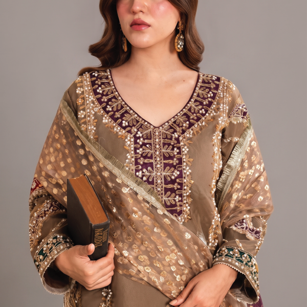 Golden Mocha Embroidered Luxury 3-Piece Gharara Suit