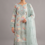 Mint Green Floral Embroidered Lawn Ensemble with Embellished Organza Dupatta