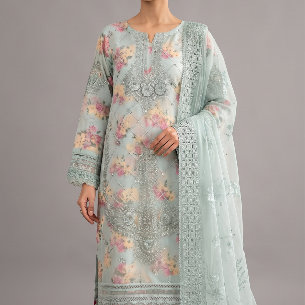 Mint Green Floral Embroidered Lawn Ensemble with Embellished Organza Dupatta