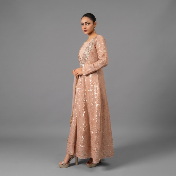 Manahil Shimmering Rose Gold 3-Piece Festive Sequin Gown Set