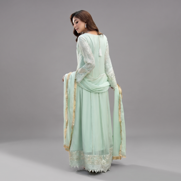 Manahil Embroidered Ice Mint 3-Piece Festive Organza Gown Set