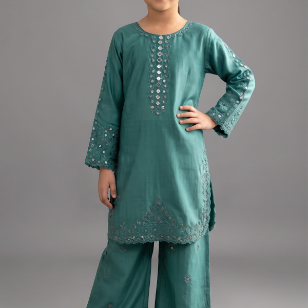 Emerald Mist Embroidered Kurta Set for Girls