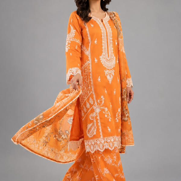 Vibrant Orange Embroidered Three-Piece Suit