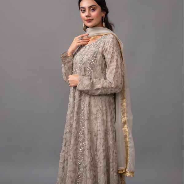 Silver Mist Embroidered Anarkali with Chiffon Dupatta
