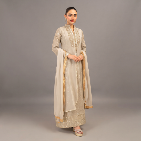 Champagne Radiance Embellished 3-Piece Festive Suit