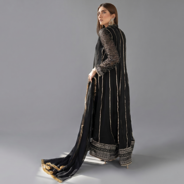 Midnight Black Zari-Stiped Anarkali Suit Set