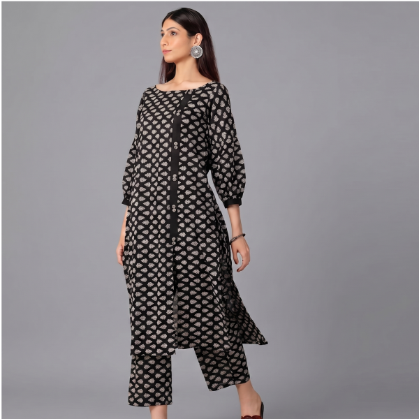 Women’s Black and White All-Over Printed Kurta Set with Straight Pants