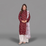 Deep Maroon Printed Kurta Set with Contrasting White Organza Dupatta