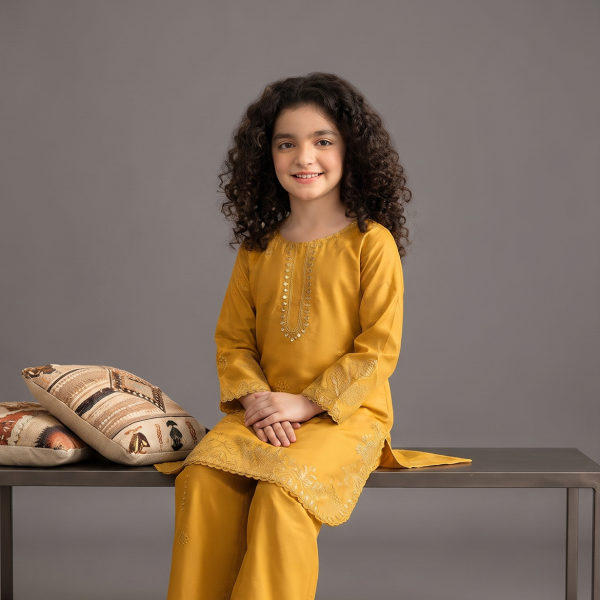 Mustard Gold Embroidered Girls’ 2-Piece Suit
