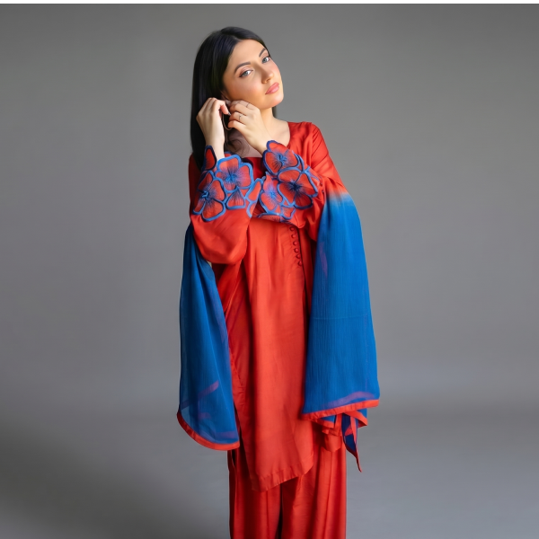 Elegant Rust-Orange Embroidered Co-ord Set with Contrast Blue Dupatta