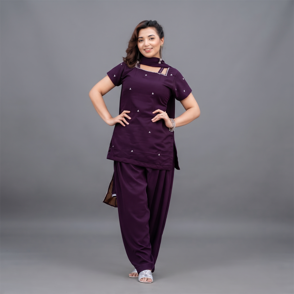 Dark Purple Embroidered Casual Suit