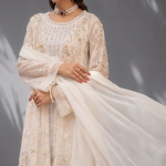 Manahil Embroidered Pearl Ivory 3-Piece Organza Festive Maxi Suit