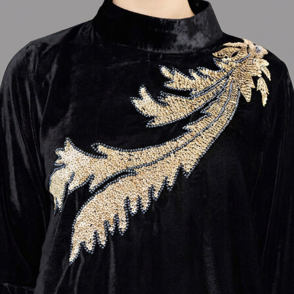 Onyx Velvet Co-Ord Set with Golden Fern Embroidery