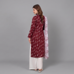 Deep Maroon Printed Kurta Set with Contrasting White Organza Dupatta