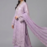 Lavender Minimalist Embroidered Co-ord Set with Embellished Long Shirt