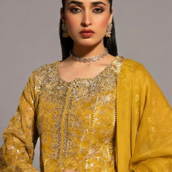 Mustard Minimalist Embroidered Anarkali Set