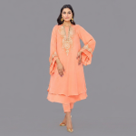 Radiant Peach Layered Kurta Set with Gold Tilla Neckline