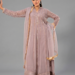 Mauve Minimalist Embroidered Organza Anarkali Set
