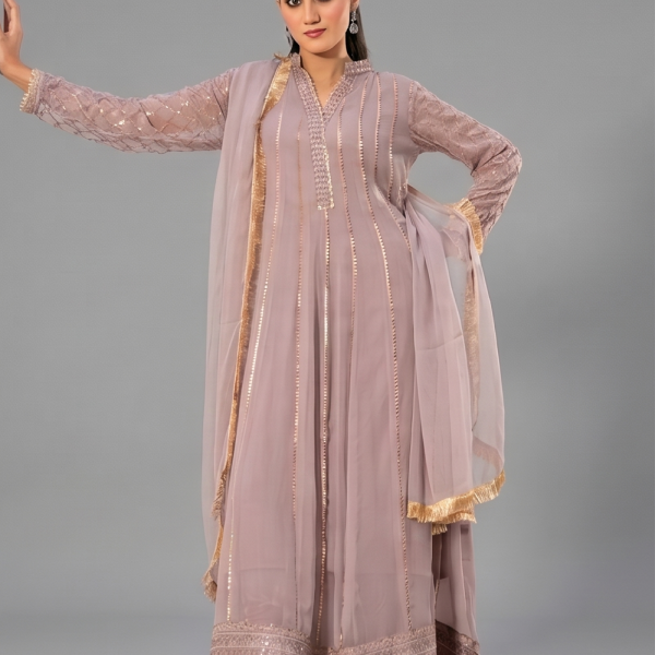 Mauve Minimalist Embroidered Organza Anarkali Set