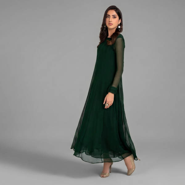 Emerald Green Solid Georgette Maxi Dress