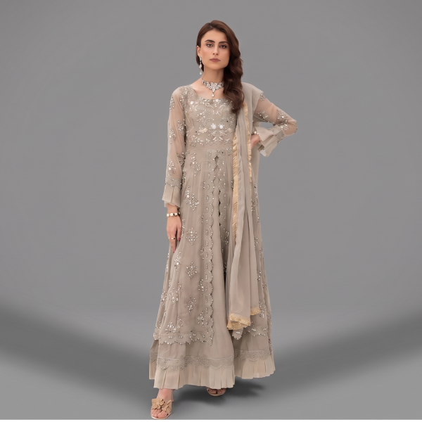 Manahil Embroidered Desert Taupe  3-Piece Festive Organza Sharara Set